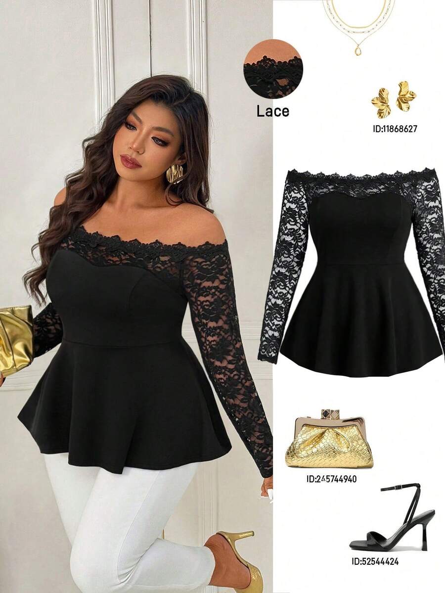 Femmeverse Plus Size Women's Off-Shoulder, Lace Trim, Patchwork Solid Color Knit Blouse Fall