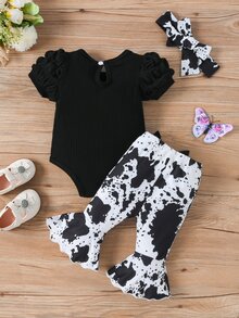 Baby Girl Fashionable And Casual Puff Sleeve Ribbed Bodysuit With Printed Flare Pants, Cute Hair Accessory, Simple Set For Spring And Summer - Black - View 3