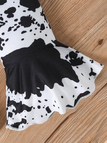 Baby Girl Fashionable And Casual Puff Sleeve Ribbed Bodysuit With Printed Flare Pants, Cute Hair Accessory, Simple Set For Spring And Summer - Black - View 5