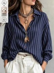 Ceyna Plus Size Pure Cotton Shirt Navy Blue With White Stripes Button-Down Long Sleeve Versatile Innerwear/Outerwear Casual Office Fall - Navy Blue - View 3