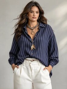 Ceyna Plus Size Pure Cotton Shirt Navy Blue With White Stripes Button-Down Long Sleeve Versatile Innerwear/Outerwear Casual Office Fall - Navy Blue - View 1