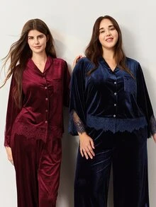 LUVLETTE Plus Size Fall Winter Navy Velvet Lace Patchwork Button Front Lapel Collar Long Sleeve Pajama Set Now Trending Vintage Women Sleepwear Homewear - Blue - View 12