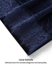 LUVLETTE Plus Size Fall Winter Navy Velvet Lace Patchwork Button Front Lapel Collar Long Sleeve Pajama Set Now Trending Vintage Women Sleepwear Homewear - Blue - View 17