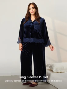 LUVLETTE Plus Size Fall Winter Navy Velvet Lace Patchwork Button Front Lapel Collar Long Sleeve Pajama Set Now Trending Vintage Women Sleepwear Homewear - Blue - View 9