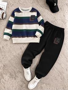 SHEIN 2pcs/Set Boys Fashionable Casual Sports College Style Street Cool White Print Sweatshirt + Long Pants, Suitable For School, Outings, Fall, Birthday - Green - View 2