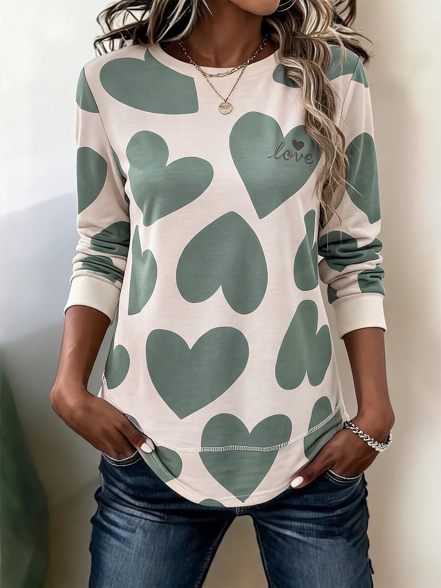 SHEIN LUNE Casual Romantic Minimalist Heart Loose Crew Neck Long Sleeve Women's Sweatshirt, Thick Material Suitable For Fall, Thickened For Picnic Sage Green - Multicolor - View 1
