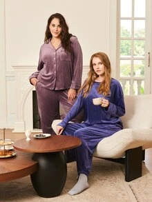 LUVLETTE Autumn And Winter Women Plus Size Comfortable Velour Button-Up Long Pajama Set Women's Sleepwear Lounge Set Fall Pajamas - Coffee Brown - View 10