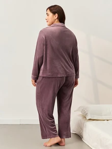 LUVLETTE Autumn And Winter Women Plus Size Comfortable Velour Button-Up Long Pajama Set Women's Sleepwear Lounge Set Fall Pajamas - Coffee Brown - View 2