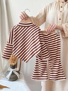 SHEIN 2件組幼兒女嬰可愛棕色奶油條紋針織套裝，長袖圓領修身款貼花舒適秋季公主風女童假日服 - 棕色 - 查看 4