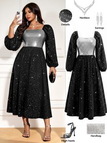 Femmeverse Plus Black Lantern Sleeve Sequins Dress Fall New Year Formal Party Evening Cocktail Elegant - Multicolor - View 1