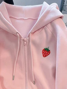 Resyla Standard Size Women's Strawberry Embroidery Hooded Zipper Long Sleeve Sweatshirt Jacket - Pink - View 3