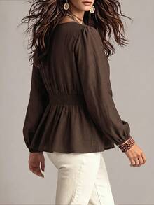 Ceyna Women's Plus Size Maillard Brown Bamboo Linen V-Neck Double-Layered Ruched Waist A-Line Puff Long Sleeve Blouse, Elegant Boho Going Out Party Fall - Brown - View 2