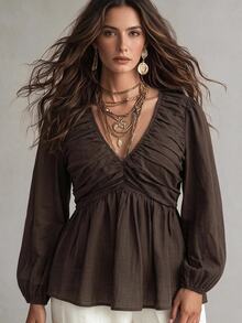 Ceyna Women's Plus Size Maillard Brown Bamboo Linen V-Neck Double-Layered Ruched Waist A-Line Puff Long Sleeve Blouse, Elegant Boho Going Out Party Fall - Brown - View 5