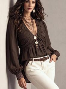 Ceyna Women's Plus Size Maillard Brown Bamboo Linen V-Neck Double-Layered Ruched Waist A-Line Puff Long Sleeve Blouse, Elegant Boho Going Out Party Fall - Brown - View 3