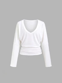 Sweetra Women's Autumn Striped Tank Top & V-Neck Cinched Waist Long Sleeve Sweatshirt 2 Pieces Set - White - View 5