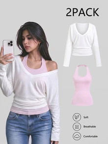 Sweetra Women's Autumn Striped Tank Top & V-Neck Cinched Waist Long Sleeve Sweatshirt 2 Pieces Set - White - View 3