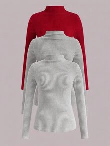 SHEIN LUNE 3pcs/Set Solid Color Basic Tight Fit Comfortable Soft T-Shirts, Casual Fall/ Layering Mock Neck Top, Dark Red Light Grey White Chic Elegant Office - Red - View 7