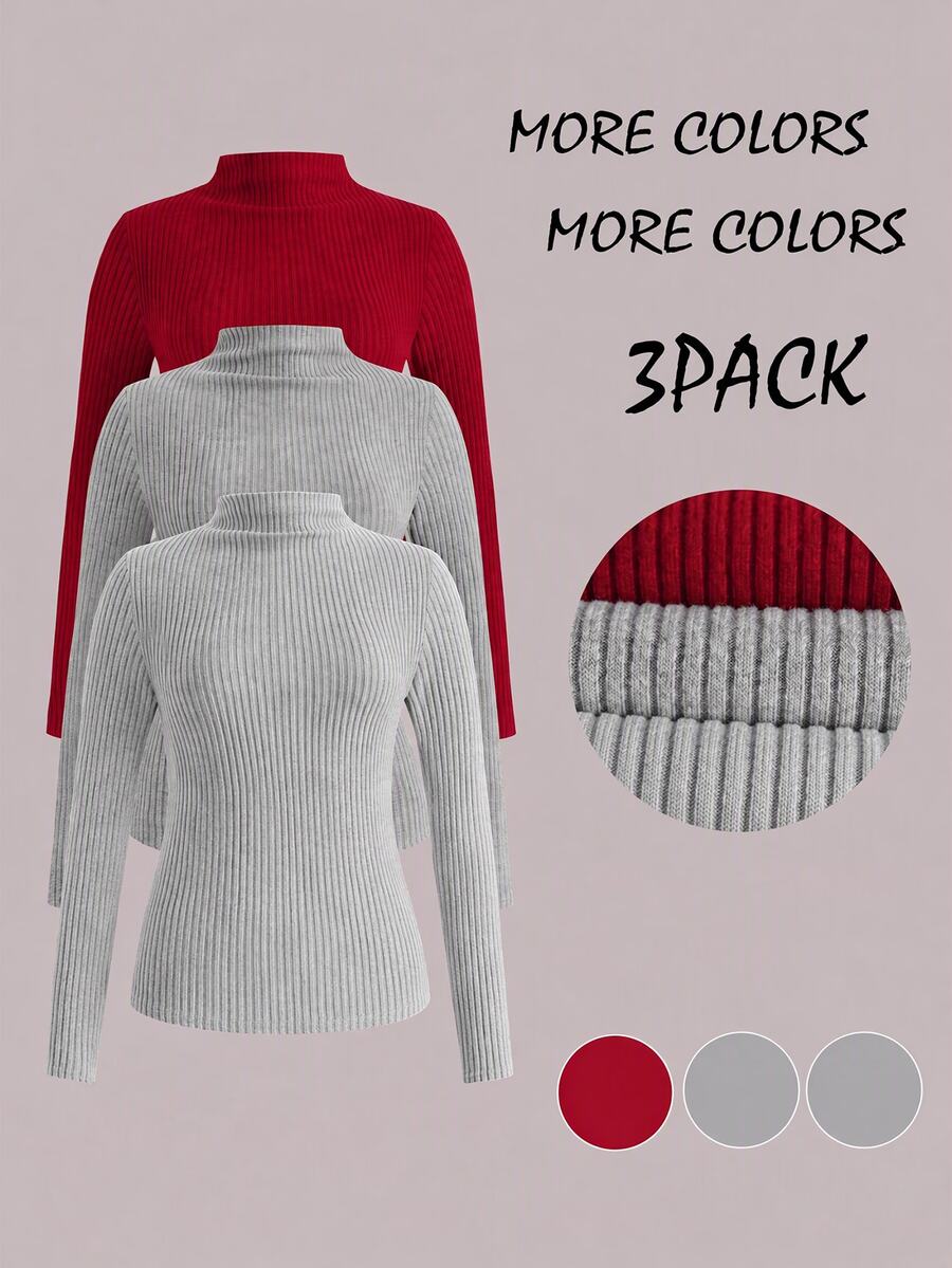 SHEIN LUNE 3pcs/Set Solid Color Basic Tight Fit Comfortable Soft T-Shirts, Casual Fall/ Layering Mock Neck Top, Dark Red Light Grey White Chic Elegant Office - Red - View 1