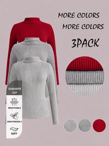 SHEIN LUNE 3pcs/Set Solid Color Basic Tight Fit Comfortable Soft T-Shirts, Casual Fall/ Layering Mock Neck Top, Dark Red Light Grey White Chic Elegant Office - Red - View 8
