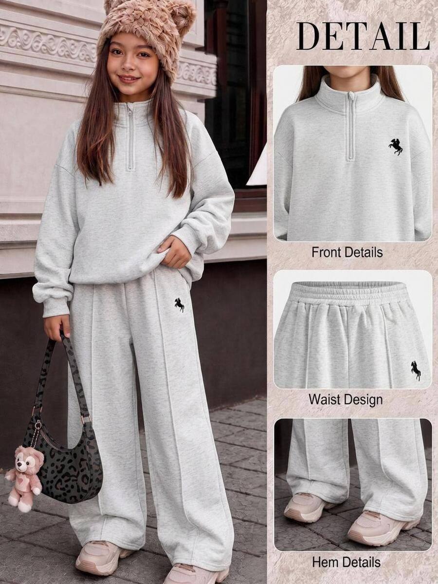 Girlism Kids Tween Girls Light Grey Casual Horse Embroidered Half Zip Stand Collar Sweatshirt And Wide Leg Sweatpants 2Pcs Set Fall Winter - Light Grey - View 1