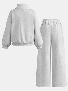 Girlism Kids Tween Girls Light Grey Casual Horse Embroidered Half Zip Stand Collar Sweatshirt And Wide Leg Sweatpants 2Pcs Set Fall Winter - Light Grey - View 6