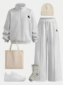 Girlism Kids Tween Girls Light Grey Casual Horse Embroidered Half Zip Stand Collar Sweatshirt And Wide Leg Sweatpants 2Pcs Set Fall Winter - Light Grey - View 5
