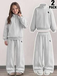 Girlism Kids Tween Girls Light Grey Casual Horse Embroidered Half Zip Stand Collar Sweatshirt And Wide Leg Sweatpants 2Pcs Set Fall Winter - Light Grey - View 2
