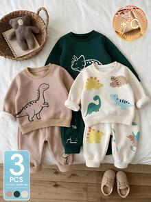 SHEIN 3pcs Toddler Baby Boy Sweatshirt And Pants Set Cute Sweet Green Dinosaur Ribbed Long Sleeve Round Neck Thick Fleece Holiday Winter Christmas Sets Cozy - Green - View 2