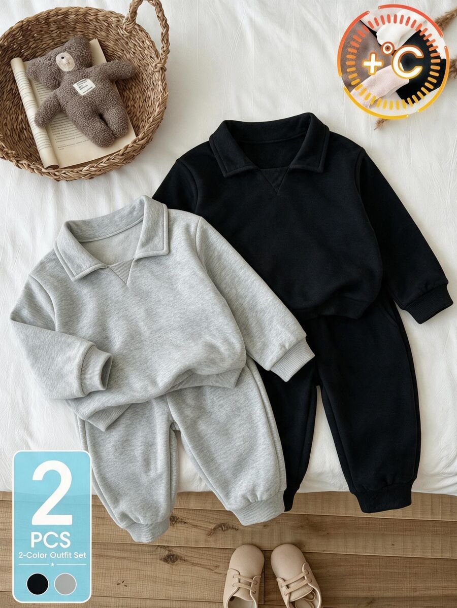 SHEIN 2pcs Toddler Boy Polo Sweatshirt + Sweatpants Preppy Black Ribbed Lapel V Neck Cuff Hem Long Sleeve Polo Neck Regular Birthday Fall Christmas Pull Set - Black - View 1