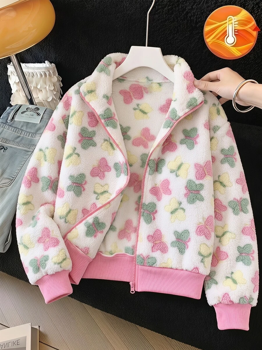 SHEIN Tween Girls Long Sleeve White Zipper Collar Ribbed Cuff Street Cool Versatile Motorcycle PU Leather Loose Jacket Fall Casual Cute School Off Campus - Pink - View 1