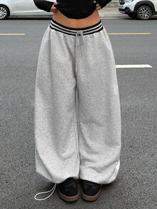 Muchica Women's Grey Wide Leg Sweatpants, Striped Ribbed Drawstring Waist, Adjustable Hem Baggy Y2K Streetwear Hip Hop Casual Fall Winter Pants Lounge - Grey - View 7