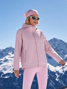 SHEIN BASICS جاكيت رياضي نسائي بكتف منخفض وأكمام طويلة وسحاب أمامي وغطاء رأس للاستخدام الخارجي - وردي - مشاهدة 4