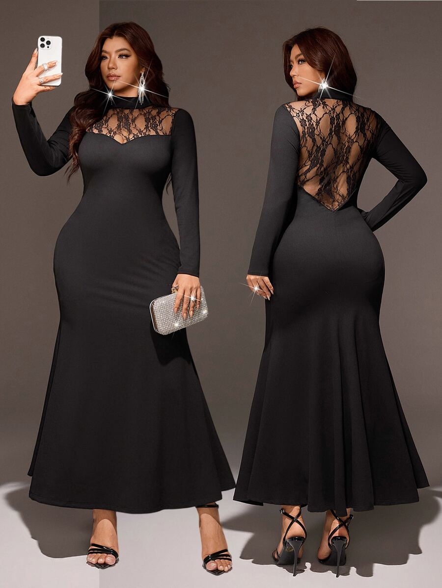 Viva Relle Plus Size Small Stand Collar Lace Patchwork Semi-Stand Collar Long Sleeve Dress Sexy Slim Fit Bodycon Mermaid Maxi Evening Gown - Black - View 1
