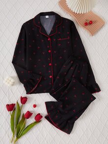 2-Piece Teen Girl Lapel Collar Long Sleeve & Long Pants Black Red Cherry Printed Autumn/Winter Pajamas Soft Fabric Comfy Casual Loungewear - Black - View 4