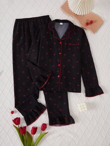 2-Piece Teen Girl Lapel Collar Long Sleeve & Long Pants Black Red Cherry Printed Autumn/Winter Pajamas Soft Fabric Comfy Casual Loungewear - Black - View 6