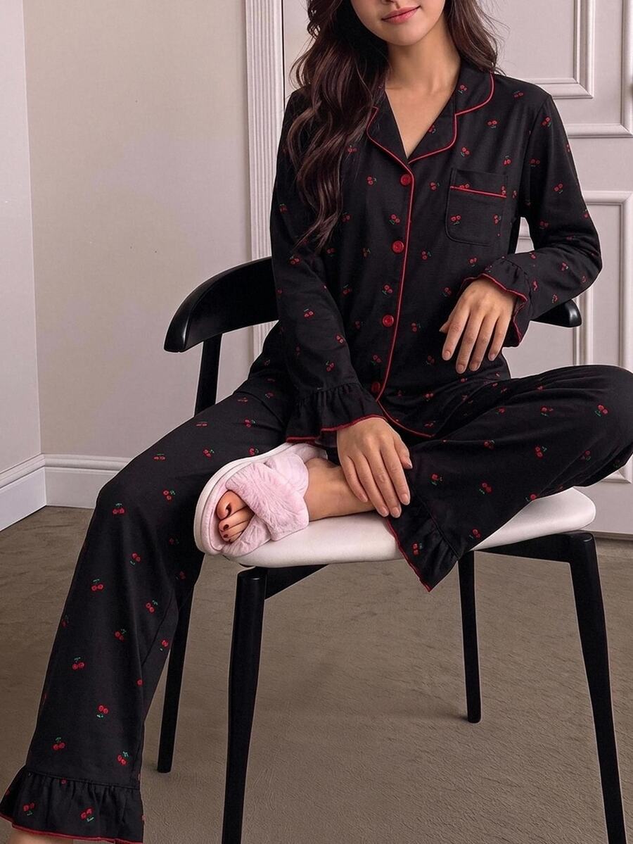 2-Piece Teen Girl Lapel Collar Long Sleeve & Long Pants Black Red Cherry Printed Autumn/Winter Pajamas Soft Fabric Comfy Casual Loungewear - Black - View 1
