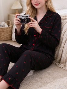 2-Piece Teen Girl Lapel Collar Long Sleeve & Long Pants Black Red Cherry Printed Autumn/Winter Pajamas Soft Fabric Comfy Casual Loungewear - Black - View 3
