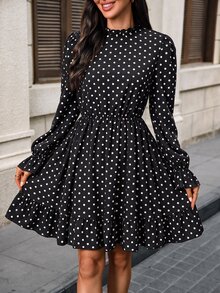 SHEIN LUNE 女款優雅復古通勤早午餐黑白波點印花短洋裝，秋季女裝洋裝 - 黑與白 - 查看 6