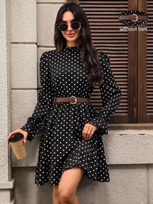 SHEIN LUNE 女款優雅復古通勤早午餐黑白波點印花短洋裝，秋季女裝洋裝 - 黑與白 - 查看 1