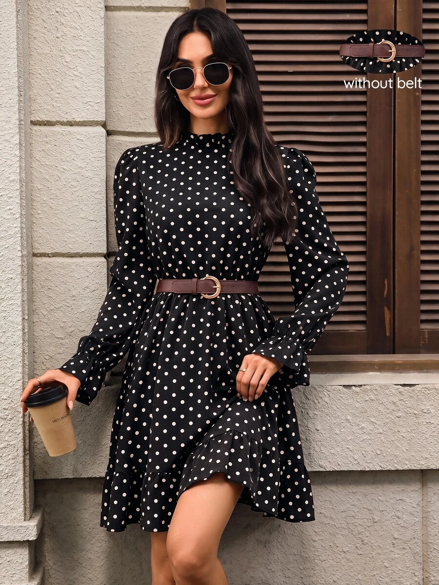 SHEIN LUNE 女款優雅復古通勤早午餐黑白波點印花短洋裝,秋季女裝洋裝 - 黑與白 - 查看 1