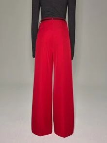Anewsta Essential Women's Spring/Autumn New Modern Retro Commute Casual Minimalist Fashion Date Shopping Versatile Belt Buckle Decor Drape Wide Leg Long Pants - Flame scarlet - View 2