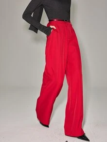 Anewsta Essential Women's Spring/Autumn New Modern Retro Commute Casual Minimalist Fashion Date Shopping Versatile Belt Buckle Decor Drape Wide Leg Long Pants - Flame scarlet - View 4