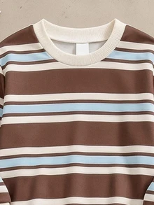 SHEIN Boys' Striped Crew Neck Brown Long Sleeve Sweatshirt & Cargo Jogger Pants 2 Pieces Set, Casual School Outfit For Spring And Autumn - Brown - View 4