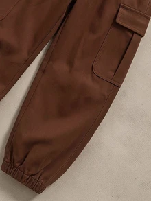 SHEIN Boys' Striped Crew Neck Brown Long Sleeve Sweatshirt & Cargo Jogger Pants 2 Pieces Set, Casual School Outfit For Spring And Autumn - Brown - View 6