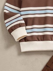 SHEIN Boys' Striped Crew Neck Brown Long Sleeve Sweatshirt & Cargo Jogger Pants 2 Pieces Set, Casual School Outfit For Spring And Autumn - Brown - View 5