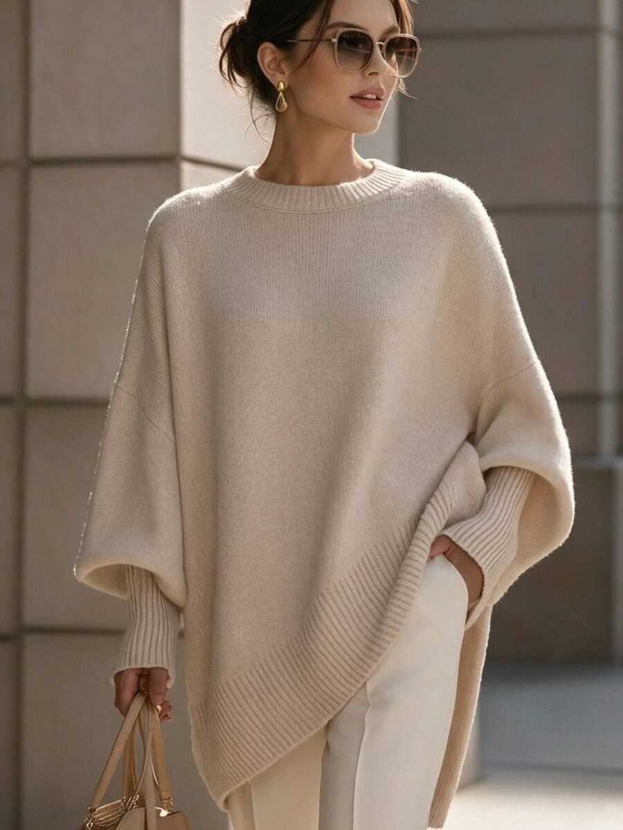 RosyDaze 女款圓領羊毛針織寬鬆休閒優雅百搭不對稱下擺毛衣，卡其色毛衣，套頭羊毛毛衣，女款毛衣，休閒毛衣，時尚休閒百搭毛衣