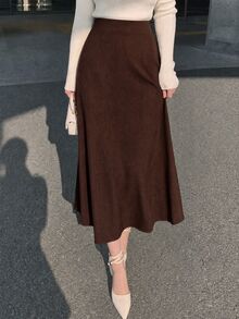 SHEIN LUNE Women's Elegant Suede Skirt Suitable For Autumn/Winter,Suede Skirt,Brown Skirt,Christmas,Halloween,Elegant ,New Year - Multicolor - View 7