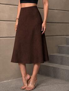 SHEIN LUNE Women's Elegant Suede Skirt Suitable For Autumn/Winter,Suede Skirt,Brown Skirt,Christmas,Halloween,Elegant ,New Year - Multicolor - View 2