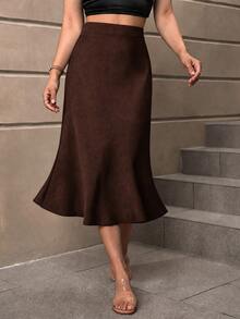 SHEIN LUNE Women's Elegant Suede Skirt Suitable For Autumn/Winter,Suede Skirt,Brown Skirt,Christmas,Halloween,Elegant ,New Year - Multicolor - View 4