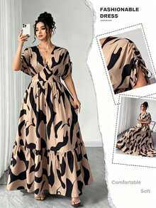 Elenzga Women's Plus Size V-Neck Gathered Short Sleeve Cinched Waist Flared Leopard Print Elegant Outing Dress - Coffee Brown - View 4